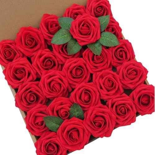 Artificial Flowers 25pcs Dark Red Roses Real Looking Foam Rose Fake Flowers with Stem/Leaves for DIY Wedding Bouquets Centerpieces Floral Arrangments Home Party Christmas Tree Decorations