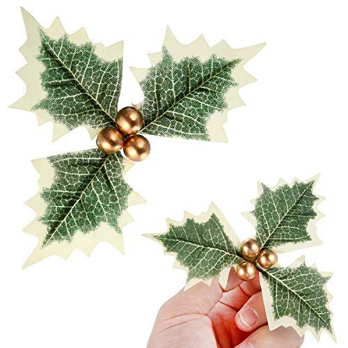 Artificial Holly Berry with Leaves (30 pcs) Christmas Wreath & Cake Topper Set, Gold Accents