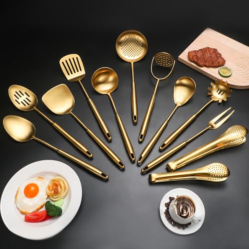 12-Piece Stainless Steel Kitchen Utensil Set with Gold Finish - Dishwasher Safe