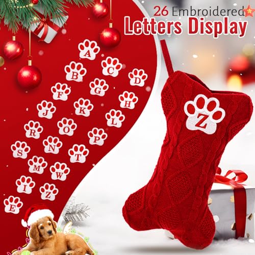 Ulico Dog Stocking with Initials£¬Bone Shape Christmas Stocking with Letters,Cable Knit Embroidered Monogram Christmas Stocking for Dogs Cats,Xmas Stockings for Pets Red C