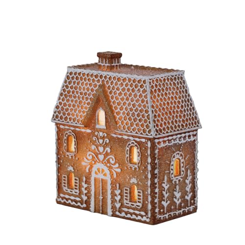 Cynkeyee Gingerbread House 6.5-inch Resin Figurine with Single Chimney - Lighted Xmas Village Cottage