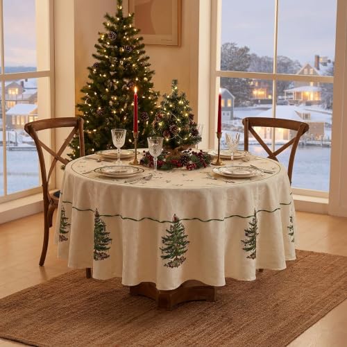 Spode Holiday 70-Inch Round Tablecloth with Christmas Tree Design