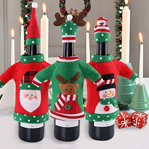 Christmas Wine Sweater - Ugly Santa, Reindeer and Snowman Cover for Red Wine Bottles - Christmas and New Year Party Decoration (3Pcs)
