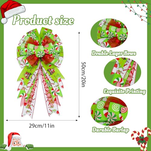 Montekin Large Green Candy Pattern Christmas Wreath Bows 20x11 Inches, Set of 2