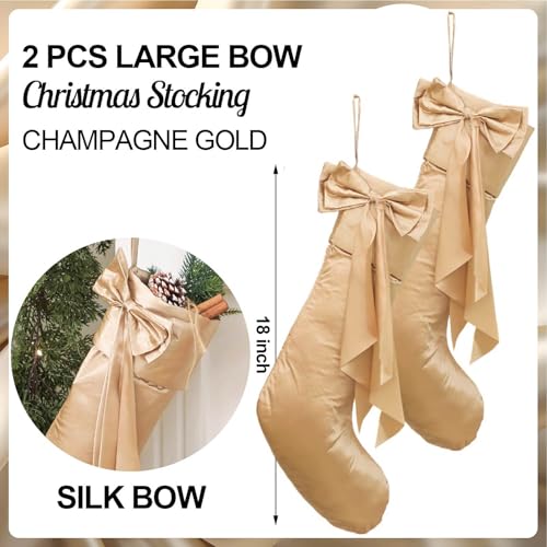 Seematn 2 Pcs 18" Deluxe Satin Champagne Gold Christmas Stocking with Bow - Champagne Gold
