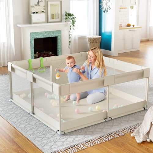 Baby Playpen 47x47 Inch Beige - Safety Mesh Play Yard with Storage & Suction Cups