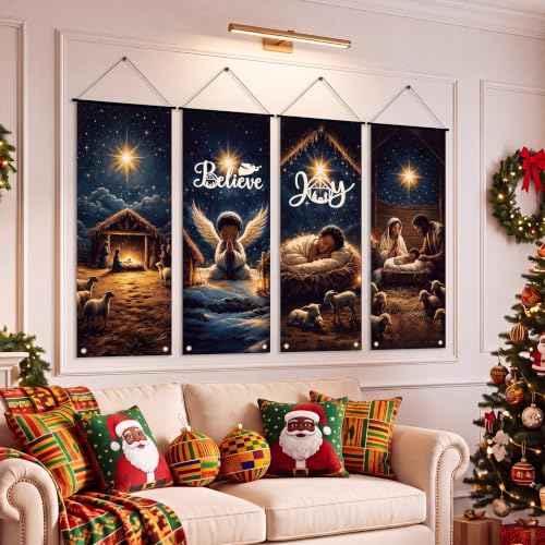 Black Santa Christmas Banner Set - African American Nativity & Holiday Decor, 4 Pieces