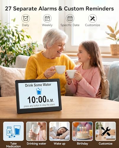 11.5 Inch Digital Clock with 27 Alarms Loud Talking Time & Remote - Black