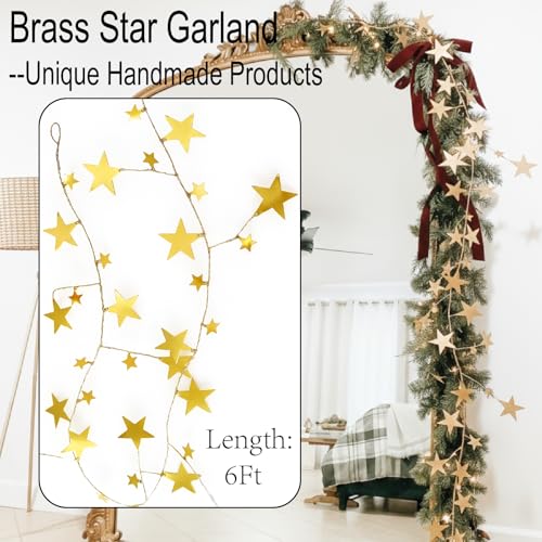Leifide Golden Star Christmas Garland with Star Variation - 72 Inch Brass Decor