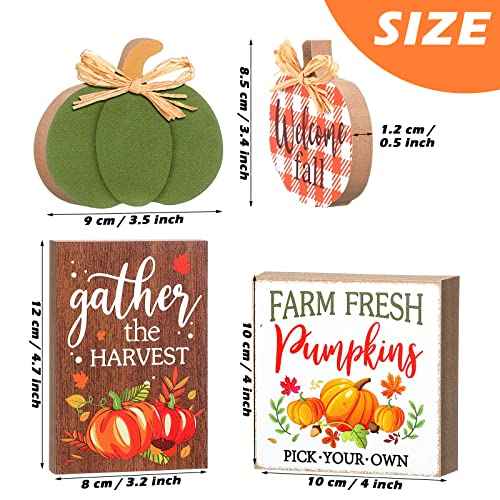 4 Pcs Fall Pumpkin Decor Tabletop Signs Welcome Fall Plaid Pumpkin Wooden Sign Tiered Tray Decorations Thanksgiving Autumn Table Centerpieces Standing Block Shelves for Rustic Farm House Home