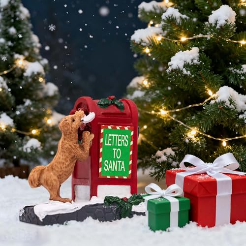 Decorative Christmas Village Accessories for Collection, Resin Mailbox Dog Animal Ornament, 2.4 Inch Christmas Village Figurines, Cute Doggy Statues Decor Indoor (Red)