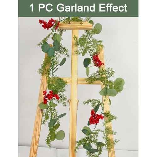 5.9 Feet Eucalyptus Leaves Red Berry Norfolk Pine Christmas Greenery Garland for Table, Mantle, Wall, Indoor, Outdoor Christmas Decorations