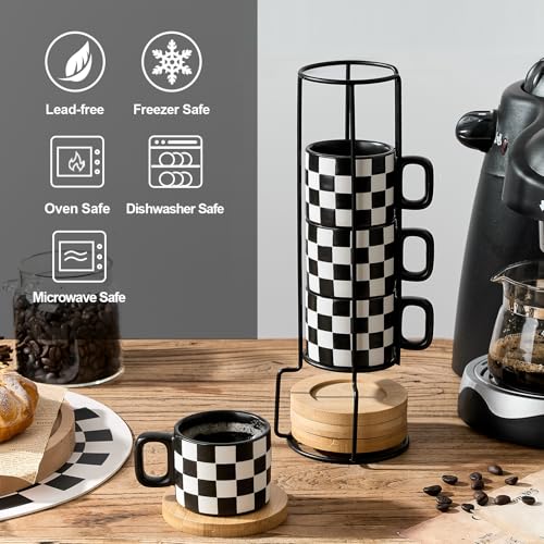 LUKA Black & White Checkered Stackable Espresso Cups Set with Saucers, 4oz - Variation 4BKG