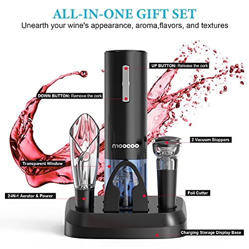 Black Electric Wine Opener Set with Charging Base, 2-in-1 Aerator & Pourer, Vacuum Stoppers & Foil Cutter
