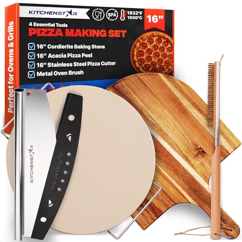 16-Inch Pizza Stone Set for Oven & Grill with Peel, Cutter & Brush - KitchenStar