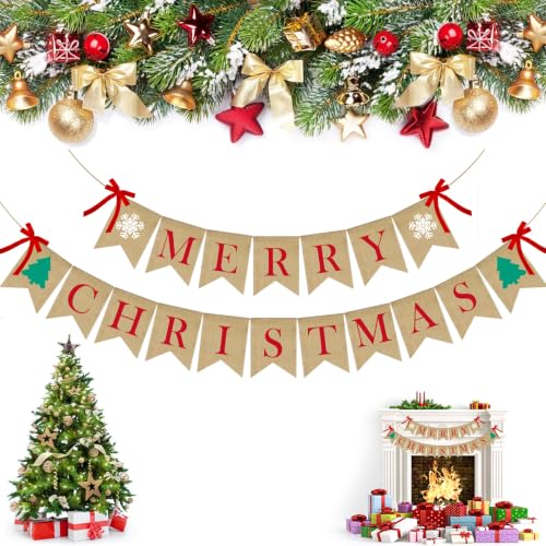 PACETAP Merry Christmas Burlap Banner 10ft with Brown & Red Bow – Indoor Home Decor