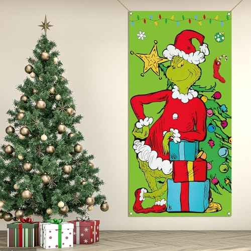 Vohado Green Christmas Door Cover Merry Christmas Winter Holiday Birthday Party Decoration Home Front Door Porch Banner