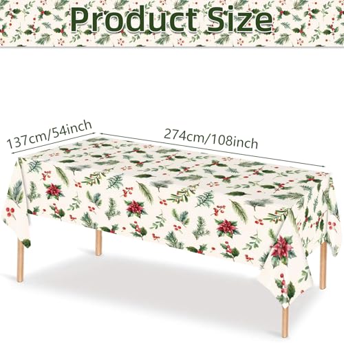 Tedercle Christmas Greenery Tablecloth – 54x108 Inch, 3 Pack, Disposable Holiday Plastic Cover with Holly & Pine Design