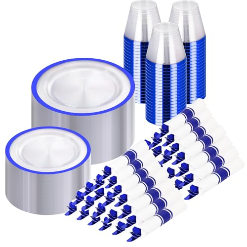 700Pcs Dark Blue Plastic Dinnerware Set for 100 Guests - Clear Plates & Utensils