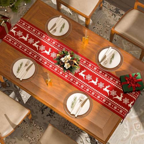 Reindeer Red Christmas Table Runner 72 Inches Long - Faux Linen Holiday Decor