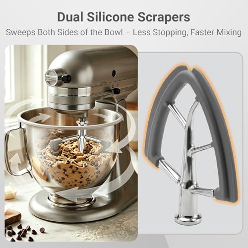 OUOLife Gray Stainless Steel Flex Edge Beater for 4.5-5 Qt KitchenAid Mixer, Dishwasher Safe