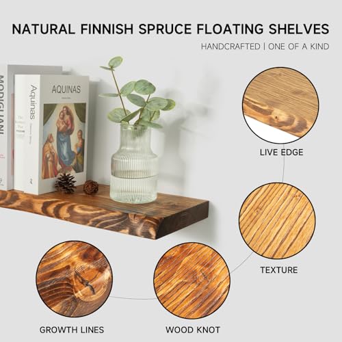 24 Inch Live Edge Floating Shelves Set of 2 - Rustic Finnish Spruce Wall Storage - Brown, Thick Edges, Easy Installation