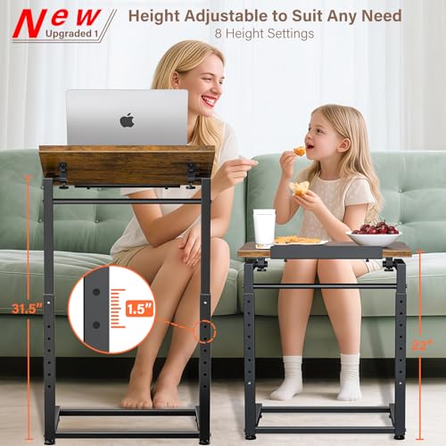 Brown 8-Level Adjustable TV Tray Table with Tilt & Phone Slot - Couch Side End Table