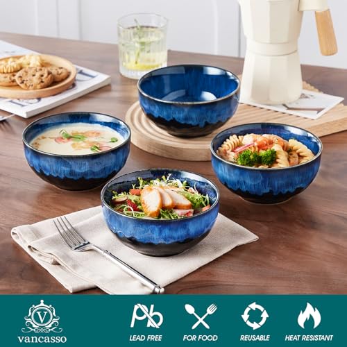 5.8 Inch Navy Blue Starry Ceramic Soup Bowl - Set of 4, Microwave & Dishwasher Safe