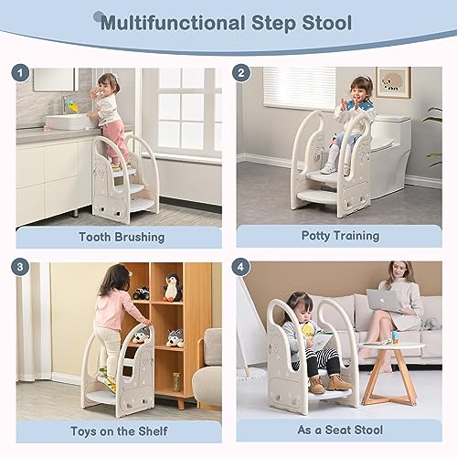 Onasti Kids 3 Step Toddler Stool - Grey Learning Tower for Kitchen Bathroom Potty Training & Independence