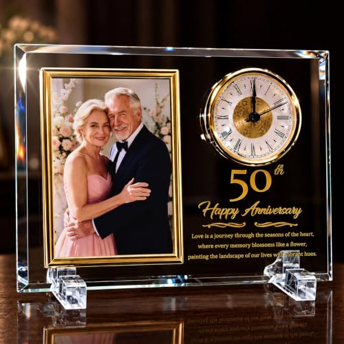 50th Wedding Anniversary Keepsake Crystal Photo Frame with Clock - Golden Gift for Couples, Parents, Grandparents - Holds 4x6 Photo