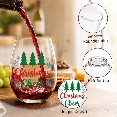 Xiahde Green-Red Funny Christmas Cheers Stemless Wine Glass - 15oz Gift for Friends & Family