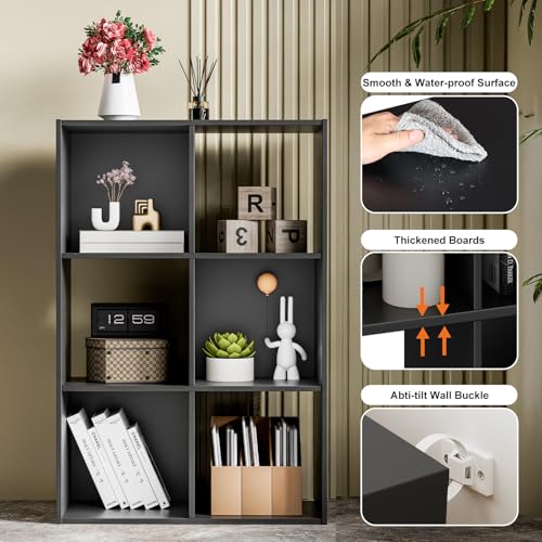 Sweetcrispy Black 6-Cube Storage Organizer - Modular Bookcase Shelf, Deep Black, 36"L