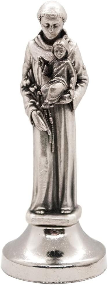 Mini Saint Statue - Classic Christian Figurine of St. Anthony | Silver-Tone Metal | Easy Car Dash Attachment