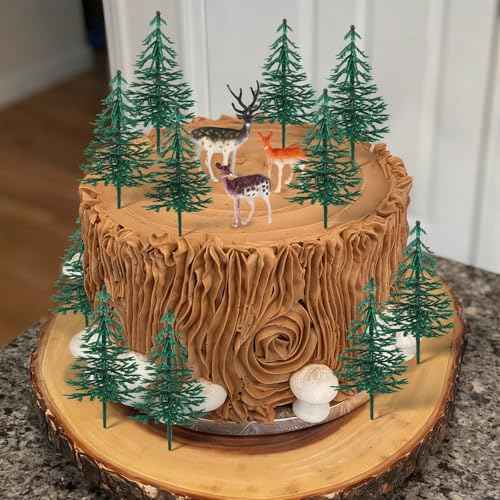 15PCS Deer Cake Topper Tree Cake Topper Christmas Cakes Decorations with Mini Tree Deer Figurine for Kids Birthday Party Decorations Hunting Themed Decor Christmas Party Favor