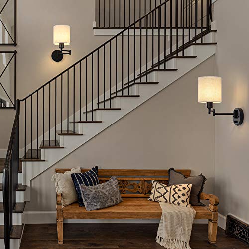 CADUKE Linen Plug-in Wall Sconce Set of 2 Swing Arm Wall Lamps - Modern Farmhouse Style