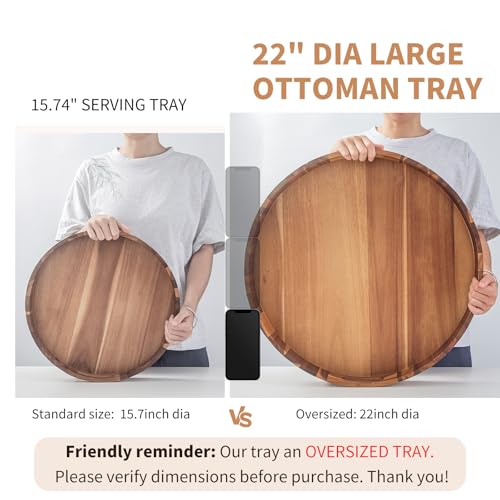 22-Inch Round Acacia Wood Ottoman Serving Tray with Handles - Large Decorative Organizer