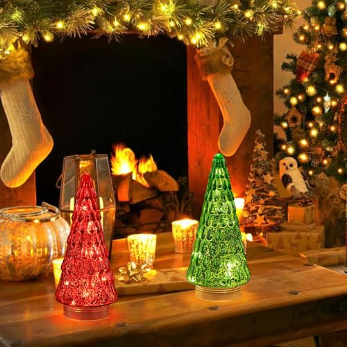 PHITRIC Red & Green Glass Christmas Trees with LED Timer - Indoor Holiday Decor, 2 pcs
