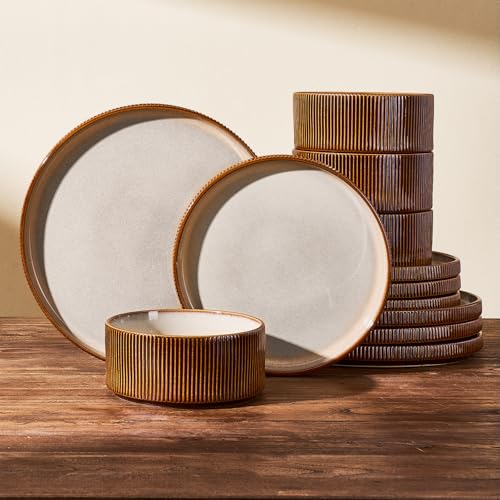 Cream Brown Reactive Glaze Dinnerware Set for 4 - Plates & Bowls