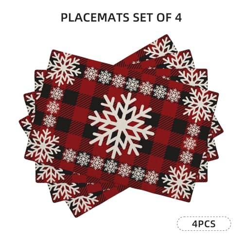 DAFENA Red Black Buffalo Plaid Snowflake Christmas Placemats Set of 4 12x18 Inches
