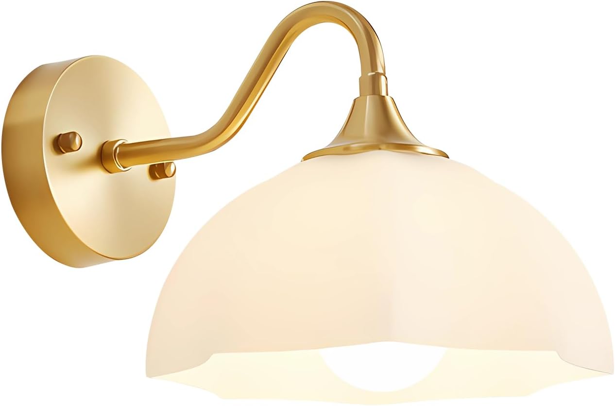 Gold Wall Sconce 1-Light Modern Wall Lighting Fixture Farmhouse Vanity Sconces Lights with Milk White Glass Shade Indoor Wall Sconce Lamp Wall Mount Light Fixture for Bedroom MWL02-1A