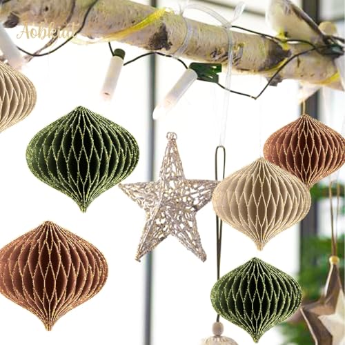 Olive Green & Reddish Brown Mini Paper Honeycomb Ornaments, 6-Pack Christmas Decorations