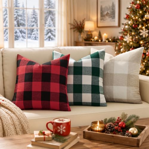 MIULEE 18x18 Inch Christmas Plaid Pillow Covers 2-Pack Black & Red