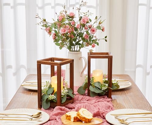 Dark Brown 18-Piece Wooden Wedding Lantern Centerpiece Set with Flameless LED Candles & Eucalyptus Wreaths - Rustic Farmhouse Decor