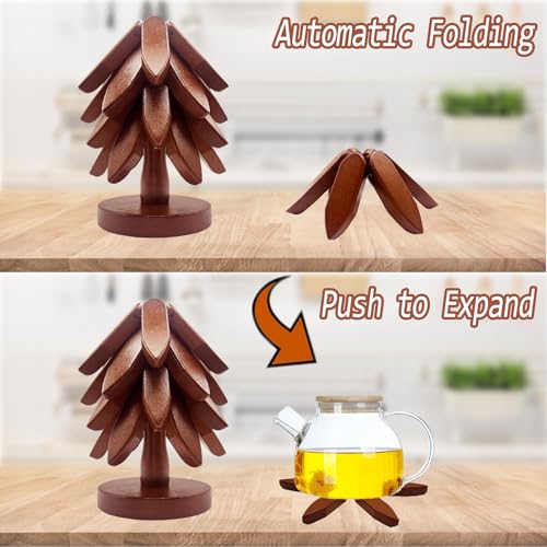 ALIKITCN Walnut Wood Christmas Tree Trivet Set – 4 Foldable Wooden Hot Dish Stands