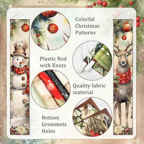 Christmas Porch Sign Banner Merry Christmas Snowman Deer Door Banner for Xmas Holiday Welcome Banner Winter Wall Stretching Portraits For Indoor Outdoor