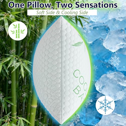 Green-White Bamboo Cooling King Pillows Set of 2 - Adjustable Memory Foam, Sleep Support