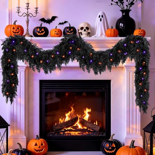 Black Halloween Cedar Garland - 9ft Faux Foliage with Purple Lights - Variation of THIS listing