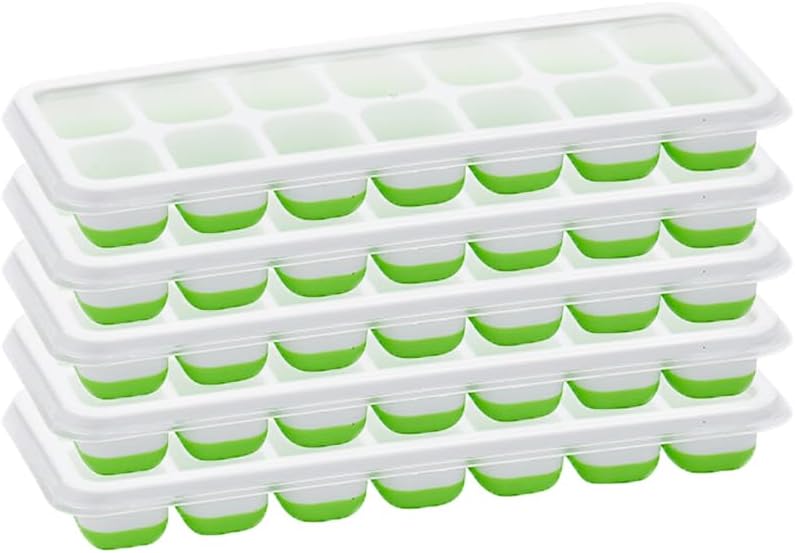 Skiennix Ice Cube Tray - 5 Pack Silicone Flexible Trays with Removable Lids | BPA-Free, Easy-Release, Green