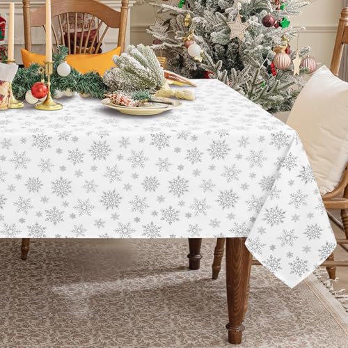 FRAMICS Christmas Table Cloth 55x55 Inch White Silver Snowflake Waterproof Square
