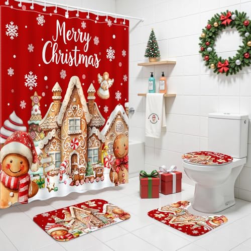 Christmas Shower Curtain Set with Gingerbread Design, Non-Slip Bath Rugs & Toilet Lid Cover - 4 Pieces